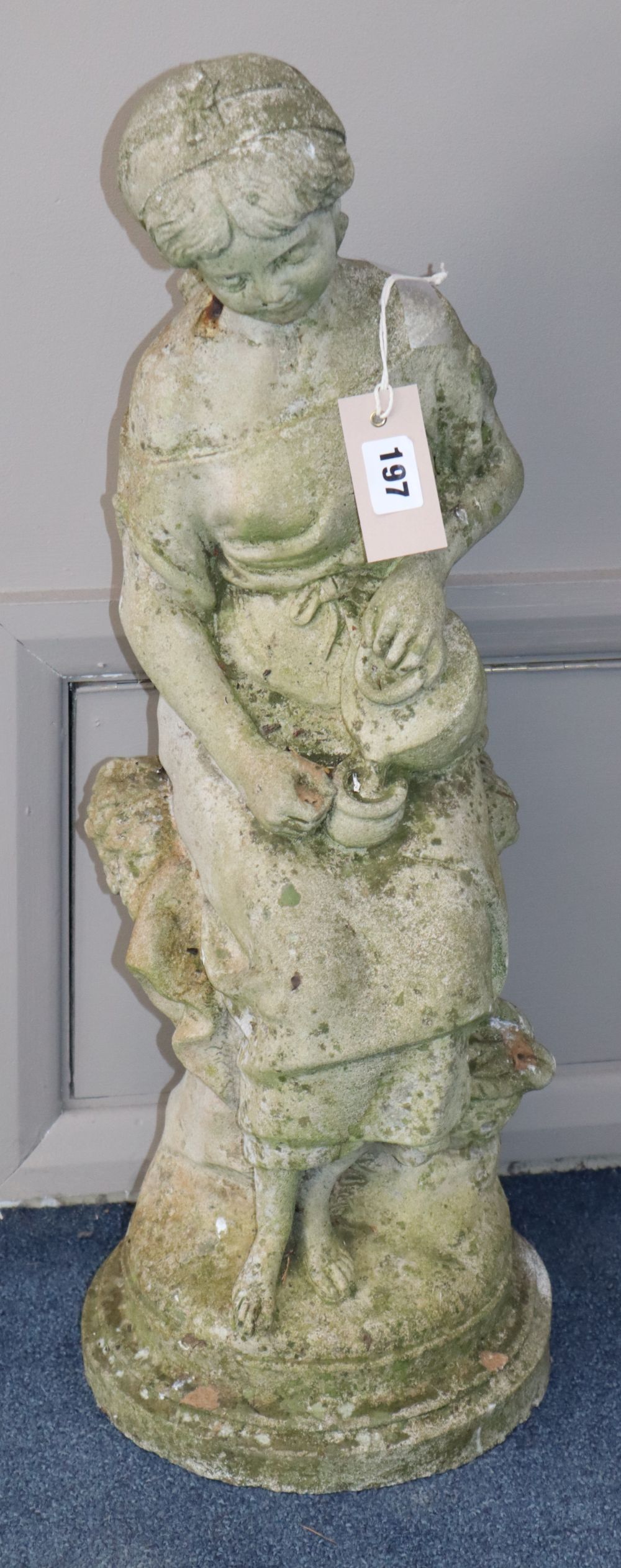 A reconstituted stone garden figure of a girl with water pitcher, H.64cm